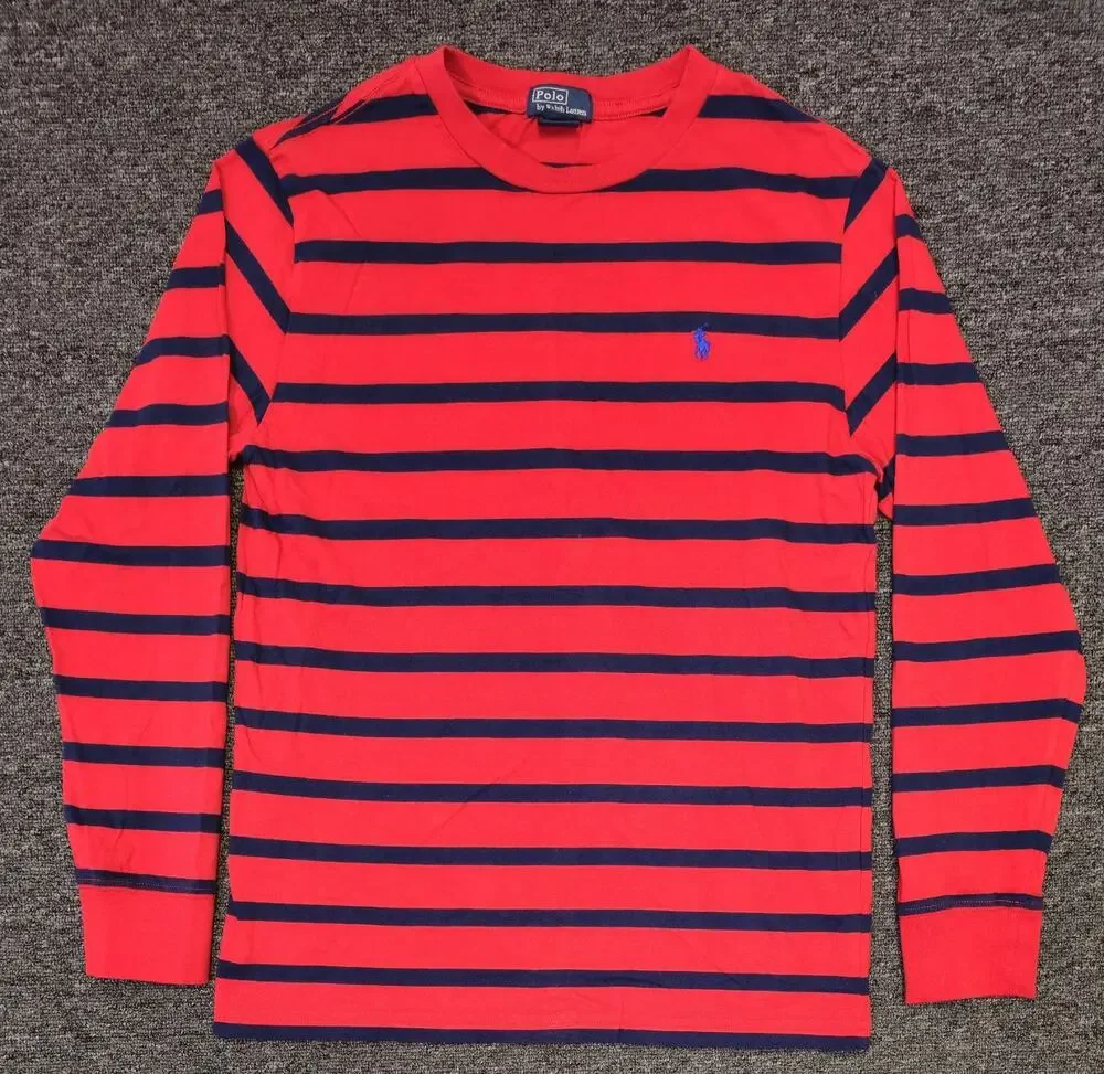 Vintage Polo Ralph Lauren Red w Navy Stripes Long Sleeve Shirt Youth Large 14-16